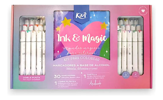 Kit para Colorear Ink & Magic – Kiut 30 Marcadores a Base de Alcohol +  Cartilla + Lámina Protectora  cod 390738